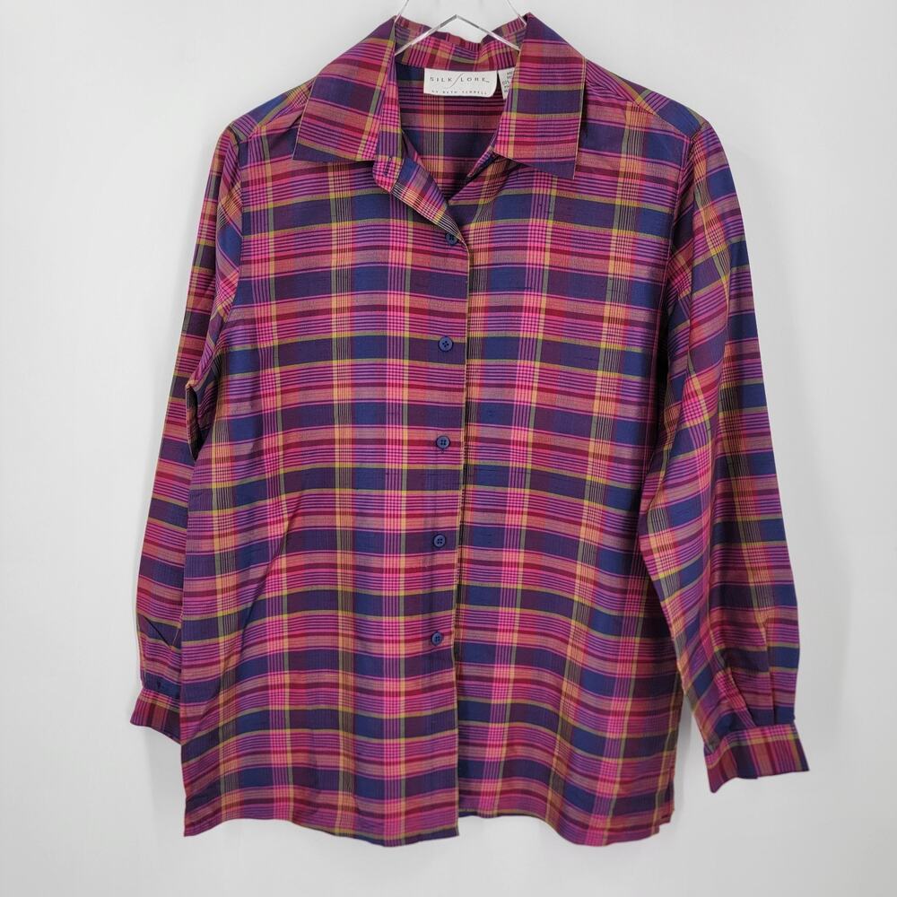 Silk Lore Blouse Womens Medium Silk Plaid Button Up - Picture 5 of 8